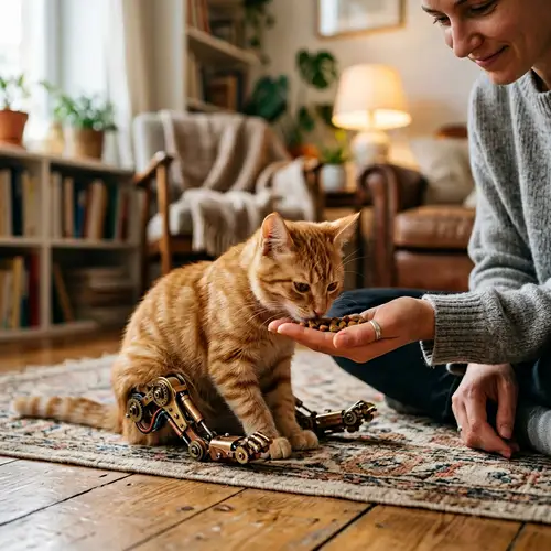 Cute Ginger Cat with Mechanical Paws Nibbling Food