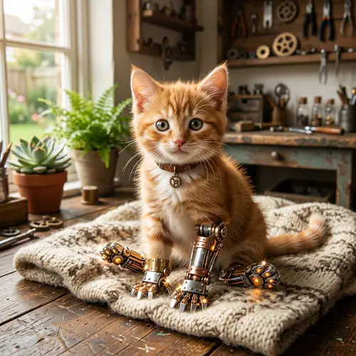 Cute Orange Cat with Mechanical Paws
