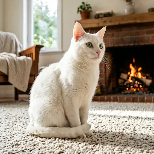 White Cat Sitting with Shining Fur | Cozy Room Background