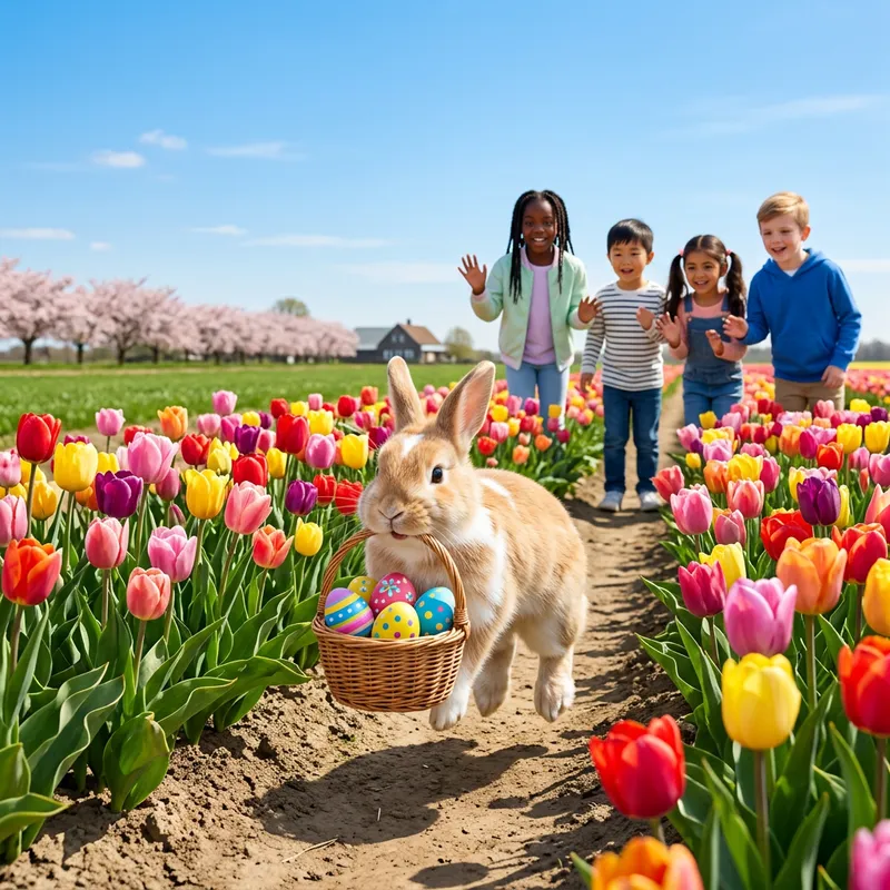 Bunny Bringing Easter Joy: Field of Multicolored Tulips