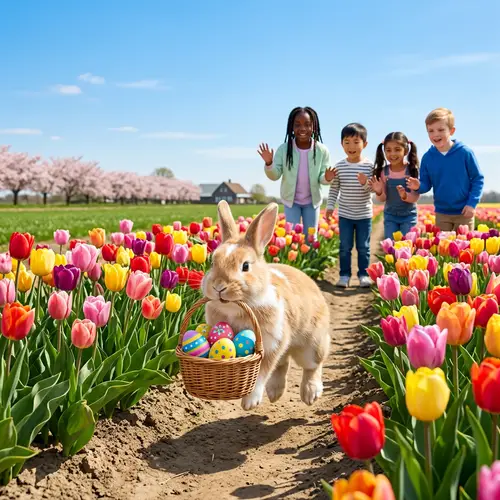 Easter Bunny Bringing Joy: Vibrant Field of Tulips