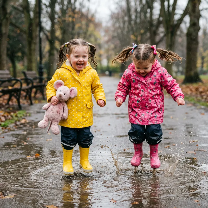 Two Caucasian 3-Year-Old Girls Jumping in Puddle with Pink Mouse Plush Two Caucasian 3-Year-Old Girls Jumping in Puddle with Pink Mouse Plush