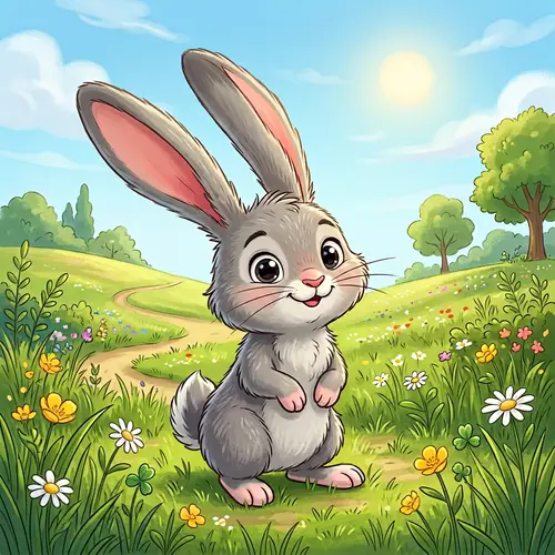 Adorable Rabbit in Lush Meadow | Cute Cartoon Image