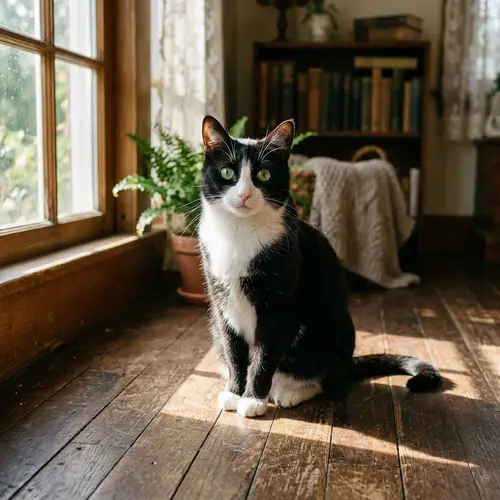Beautiful Black & White Domestic Cat on Vintage Wooden Floor