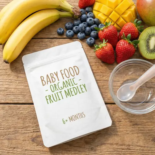 Realistic Baby Food Packaging with Vibrant Fruits | Mealtime Scene