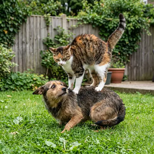 Cat Shows Anger on Worried Dog - Suburban Backyard Scene