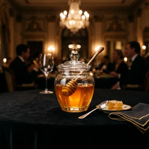 Elegant Dining Experience with Golden Honey on Black Tablecloth