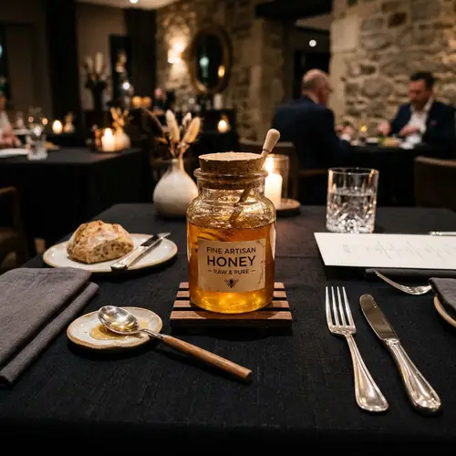 Golden Honey Jar on Elegant Restaurant Table