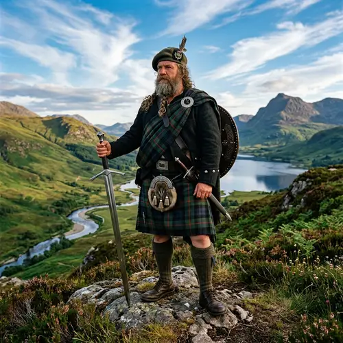 Highlander Warrior in Traditional Attire | Scottish Highlands Landscape