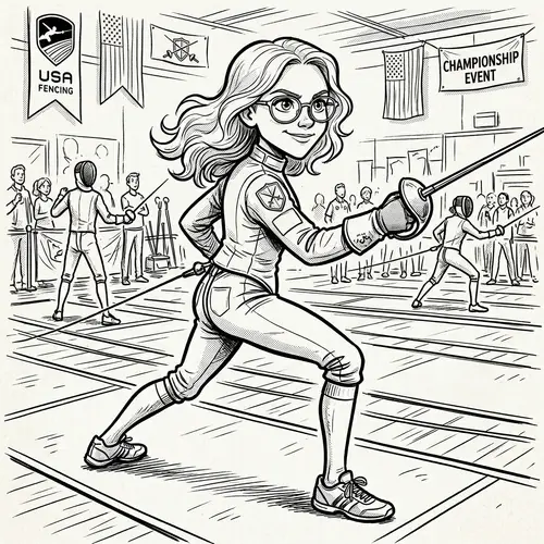 Fierce Fencer Cartoon Caricature - Black and White Art