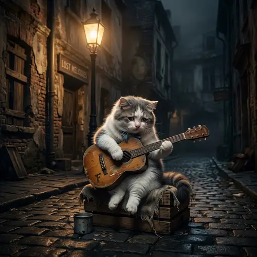 Melancholic Cat Playing Guitar in Urban Landscape