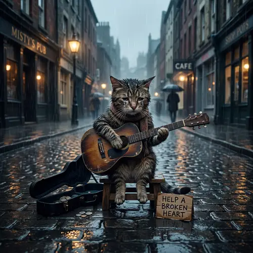 Melancholic Cat Playing Guitar in Rain | Urban Street Scene