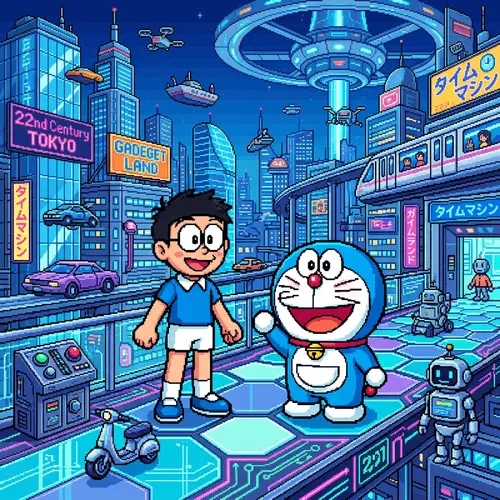 Futuristic World with Cartoon Characters | Pixel Art Style