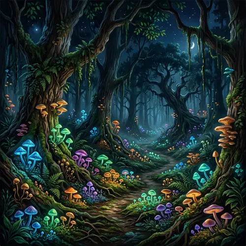 Mystical Forest Scene with Glowing Mushrooms | Enchanting Fantasy Art