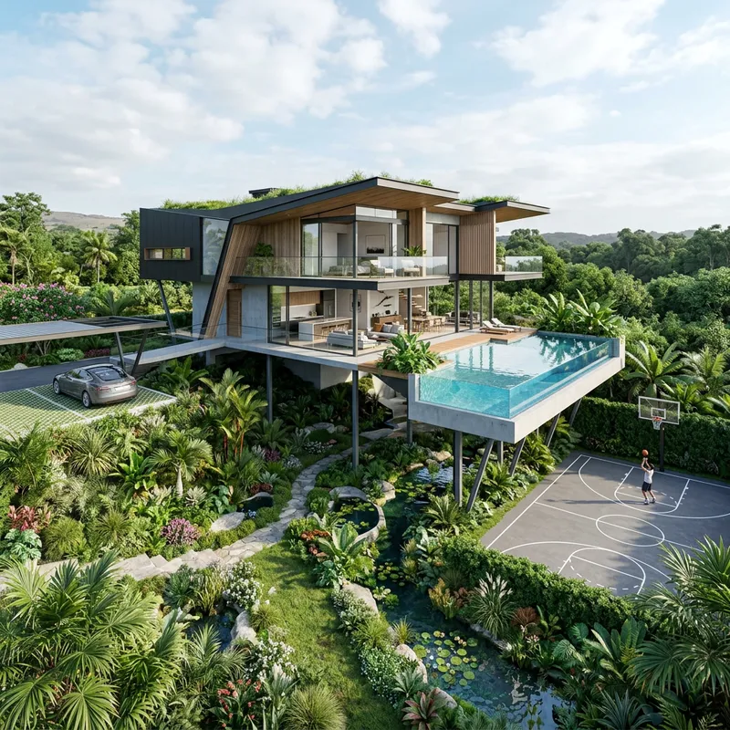 Modern 300 sqm Levitated House Plan with Garden, Pool, Basketball Court and Water Elements