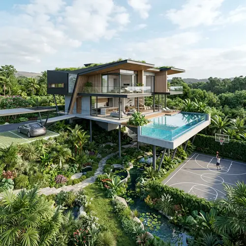 Modern 300 sqm Levitated House Plan with Garden, Pool, Basketball Court