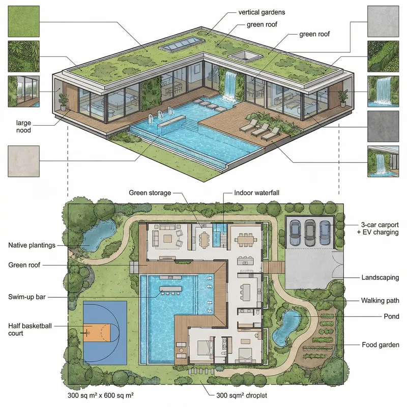 Modern 300 sqm House Plan with Garden, Pool, Basketball Court & Parking - Exclusive Design