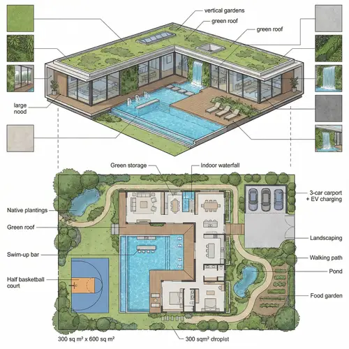 Modern 300 sqm House Plan with Garden, Pool, Basketball Court & Parking