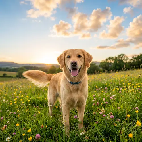 Playful Medium-Sized Dog on Grassy Field | Golden Fur Coat