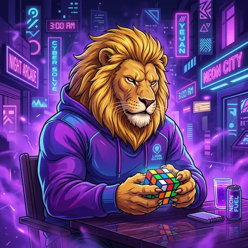 Robust Lion Solving Rubik's Cube in Purple Hoodie