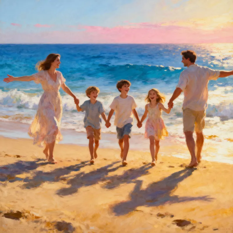 Joyful Family Moments on a Beach at Golden Hour