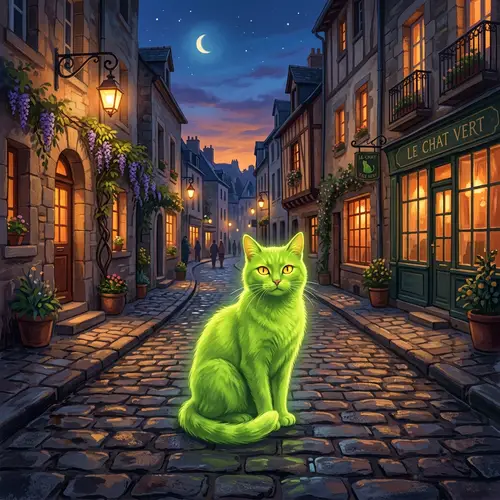 Vibrant Lime Green Cat Illustration on Cobblestone Street
