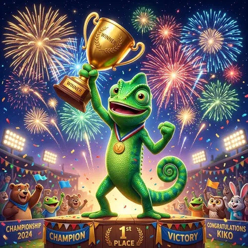 Vibrant Green Chameleon Celebrates Victory with Trophy | Website Name