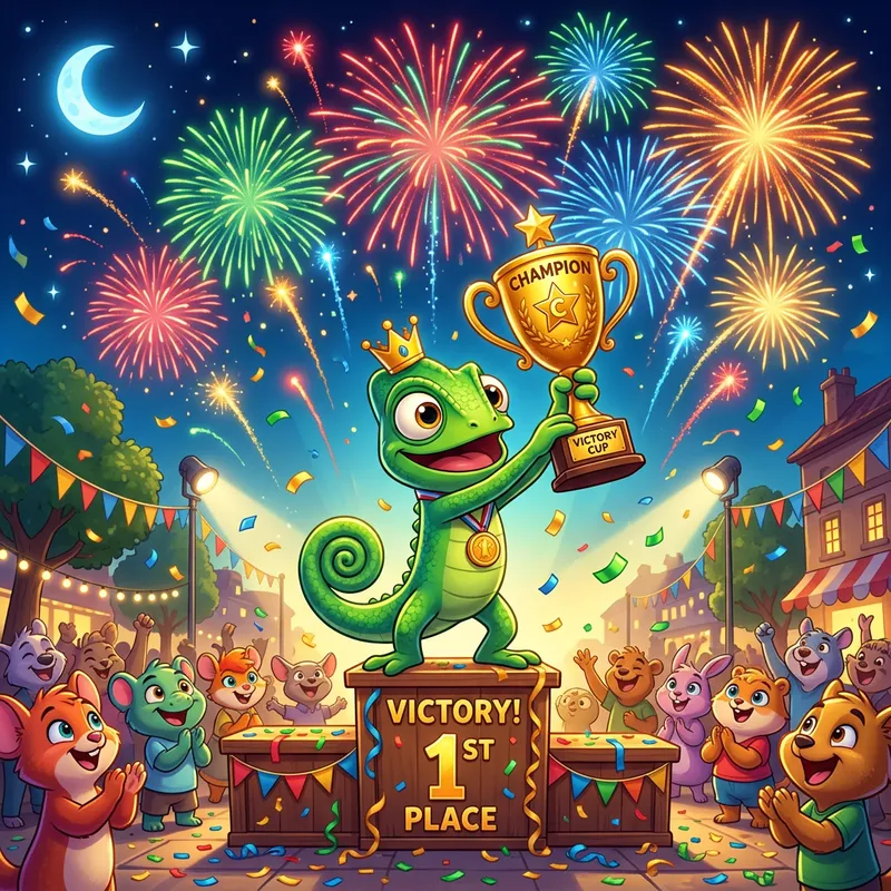 Green Cartoon Chameleon Celebrates Victory with Trophy and Fireworks