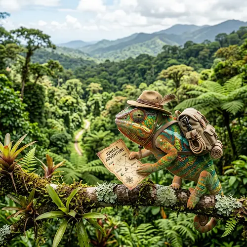 Color-Changing Chameleon Explorer in Lush Landscape