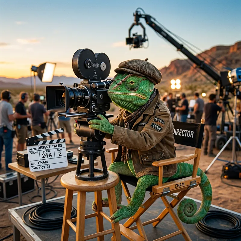 Green Chameleon in Director's Outfit with Movie Camera in Brown Jacket