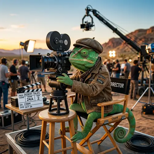 Film Director Chameleon with Movie Camera in Brown Jacket