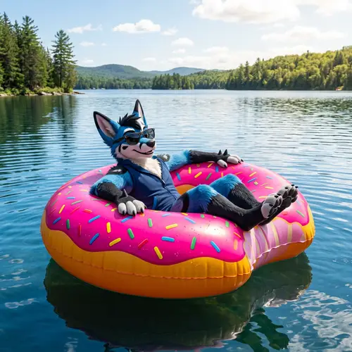 Lucario chilling on giant inflatable donut