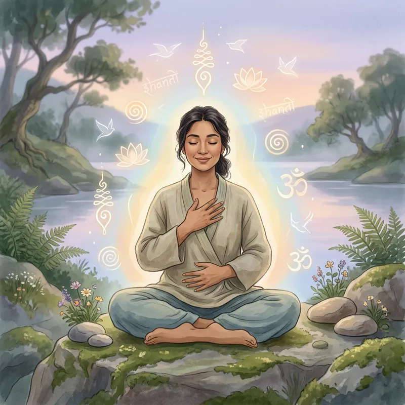Serene Meditation Scene with Universal Descent Figure Serene Meditation Scene with Universal Descent Figure