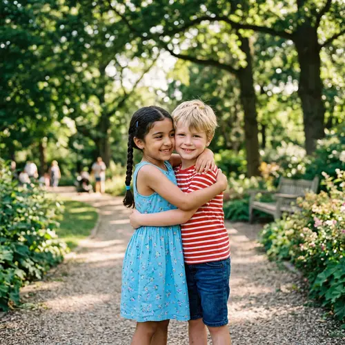 Innocent Friendship: Middle-Eastern Girl and Caucasian Boy Cuddle in Park