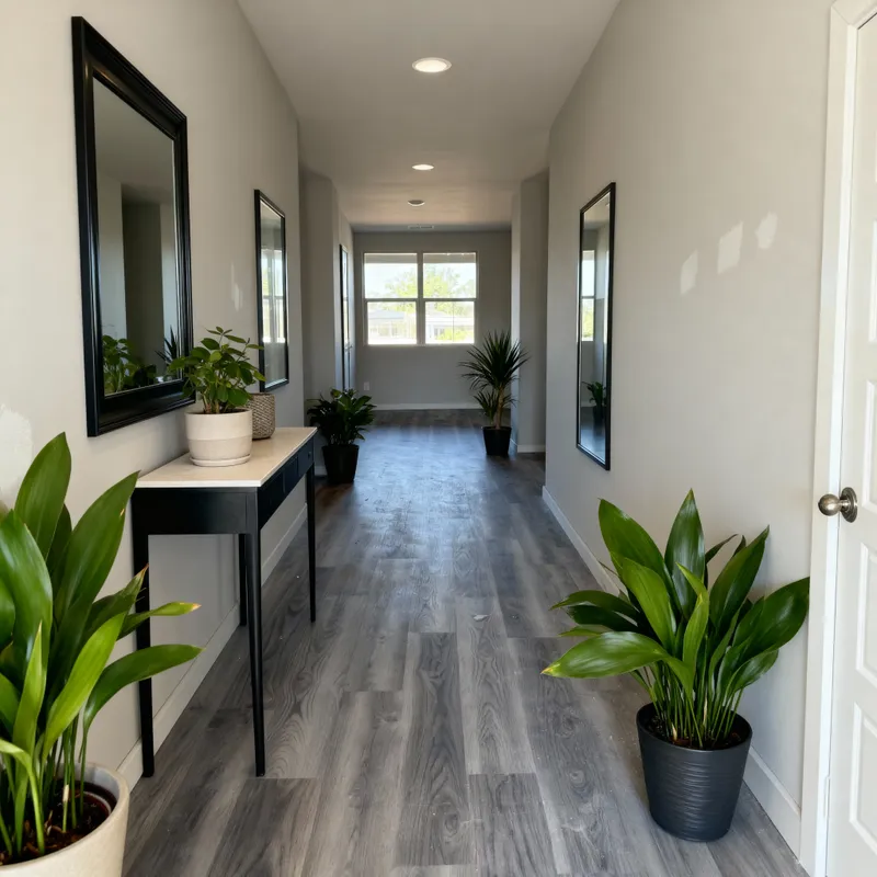 Elegant Hallway Decor with Plants and Mirrors