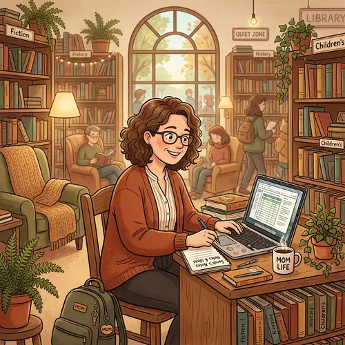 Cozy Library Cartoon of a Working Mom