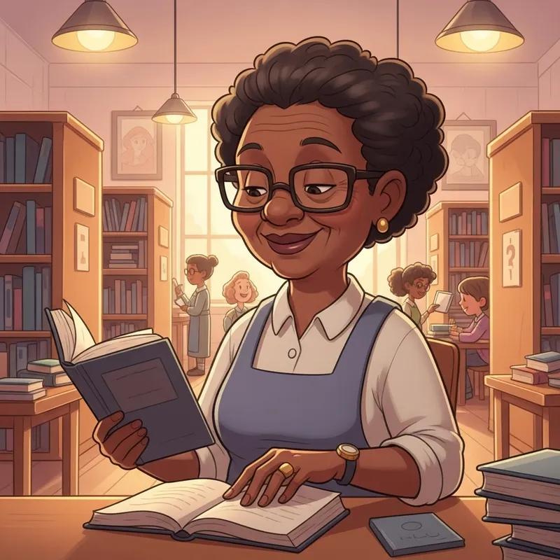 Cozy Library Cartoon of a Working Mom