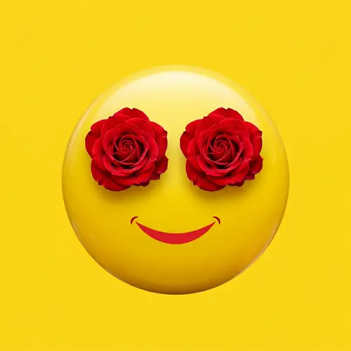 Bright Yellow Smile Emoji with Red Flower Eyes