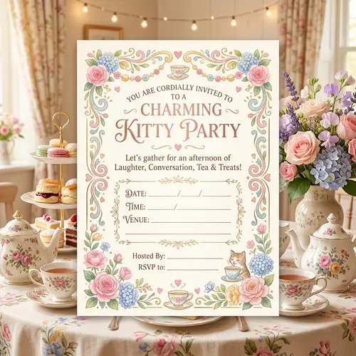 Charming Kitty Party Invitation Template | Date, Time, Venue