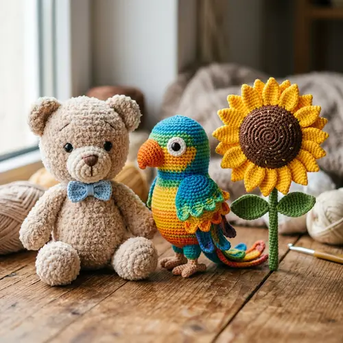 Handcrafted Crochet Amigurumi Toys: Teddy Bear, Parrot, Sunflower