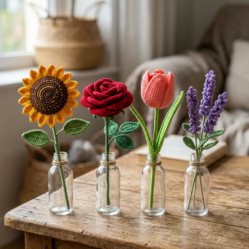 Handcrafted Crochet Flowers - Sunflower, Rose, Tulip & Lavender Designs