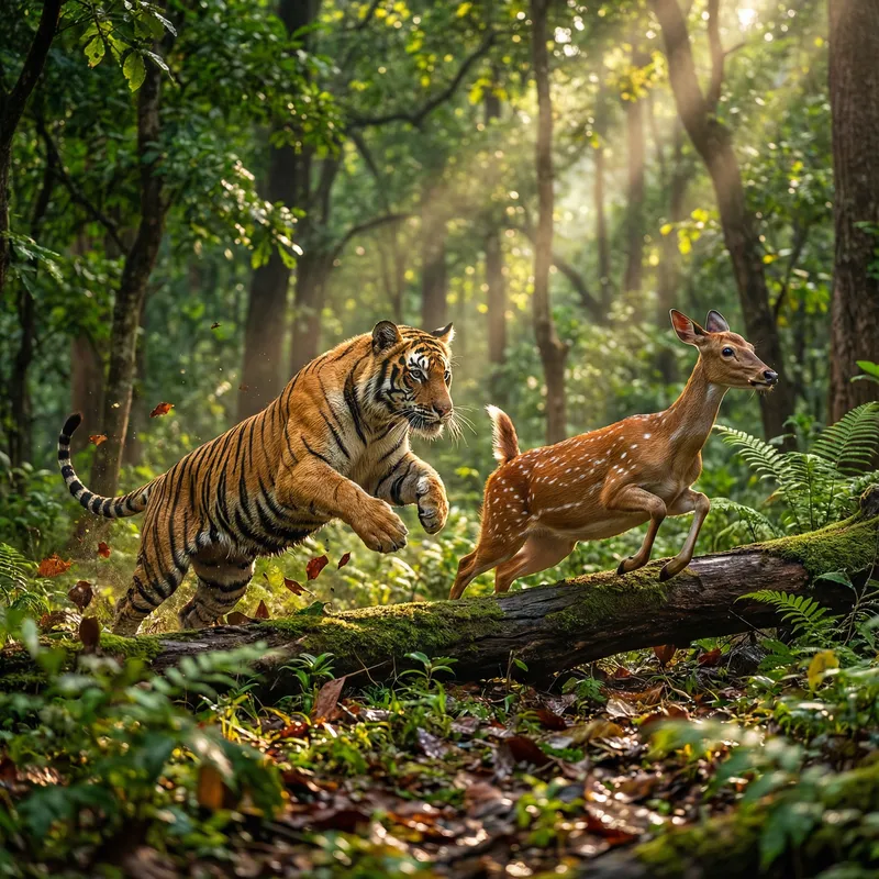 Bengal Tiger Chasing Deer in Lush Forest Scene