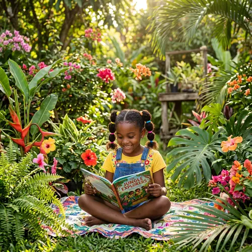 Happy Jamaican Girl Reading Book in Tropical Landscape