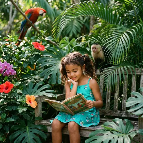 Multiethnic Little Girl Reading Book in Tropical Setting
