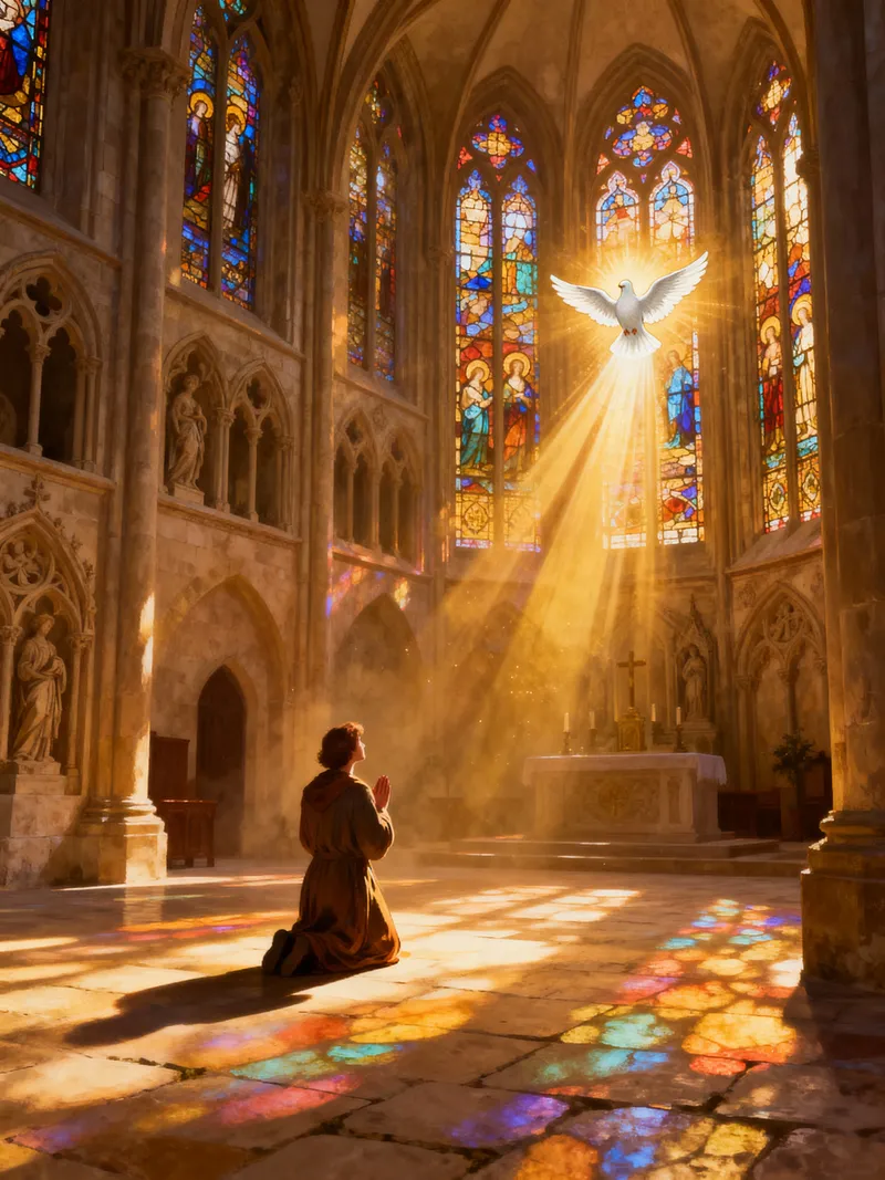 Kneeling in Prayer: Illuminated Cathedral Beauty