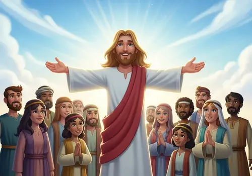Cartoon Jesus Surrounded by Disciples in Peaceful Light