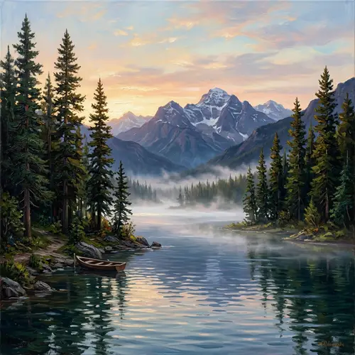 Serene Oil Painting of Mountain Lake at Dawn