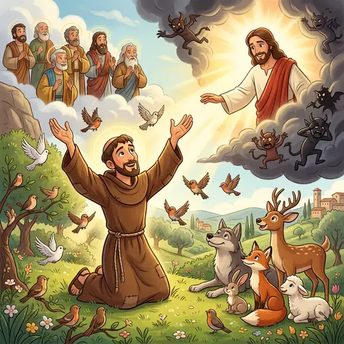 Saint Francis: Joyful Cartoon Prayer Scene