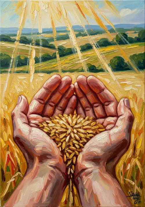 Impressionist Art of Hands Holding Wheat Grains