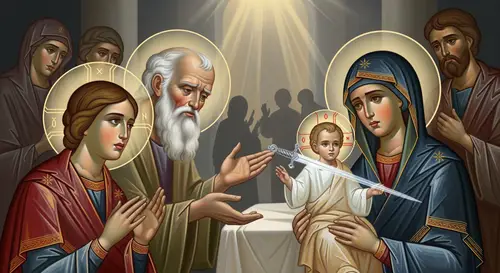 Tender Temple Scene: Simeon, Jesus, and Prophecy